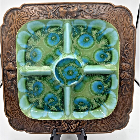 Vintage Treasure Craft Serving Tray Divided Platter MCM Green/Turquoise 13.5” - Picture 2 of 12